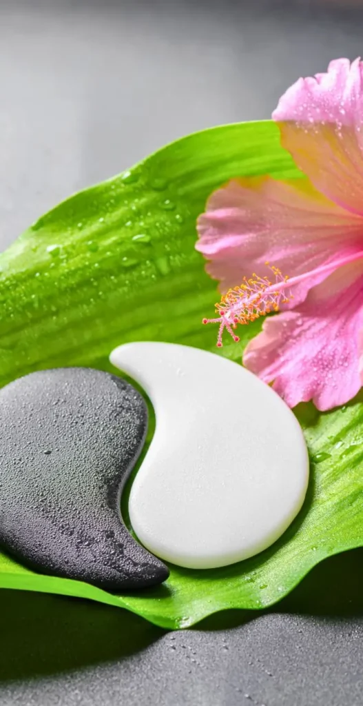 Galets yin-yang sur une feuille