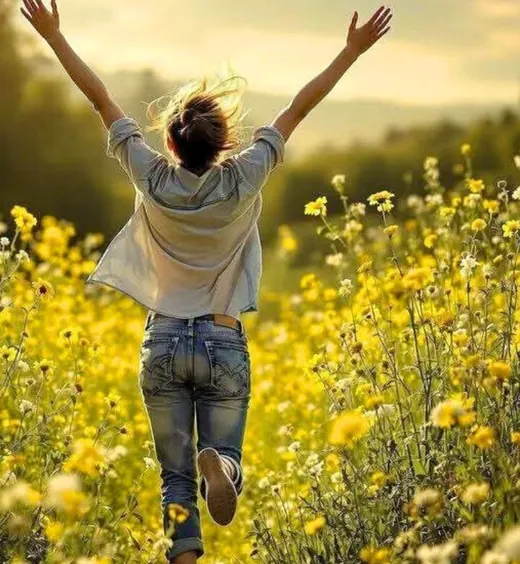 Femme bras levés dans un champ de fleurs